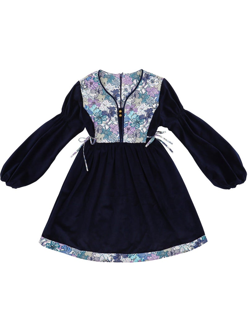 Vestido Floral de Invierno para Niña | Terciopelo Azul Marino | Algodón Lila | MARGOT Azul marino - Kiabi