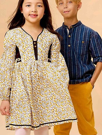 Vestido Floral Liberty Amarillo y Terciopelo Marrón para Niña | MARGOT