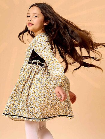 Vestido Floral Liberty Amarillo y Terciopelo Marrón para Niña | MARGOT