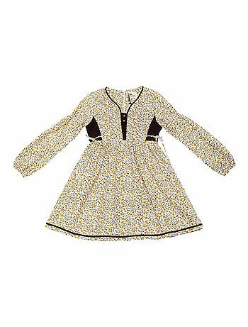 Vestido Floral Liberty Amarillo y Terciopelo Marrón para Niña | MARGOT