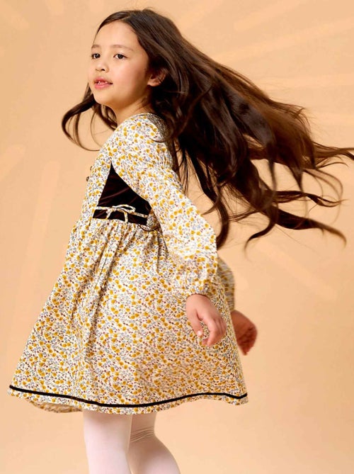 Vestido Floral Liberty Amarillo y Terciopelo Marrón para Niña | MARGOT - Kiabi