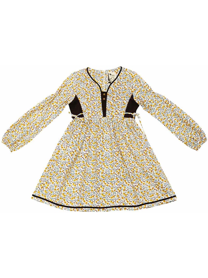 Vestido Floral Liberty Amarillo y Terciopelo Marrón para Niña | MARGOT Amarillo - Kiabi