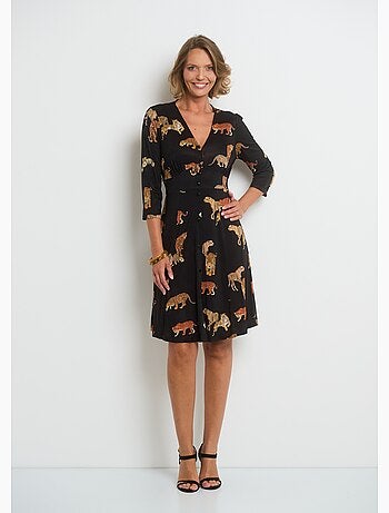 Vestido fluido con cuello de pico y estampado animal - AFIBEL