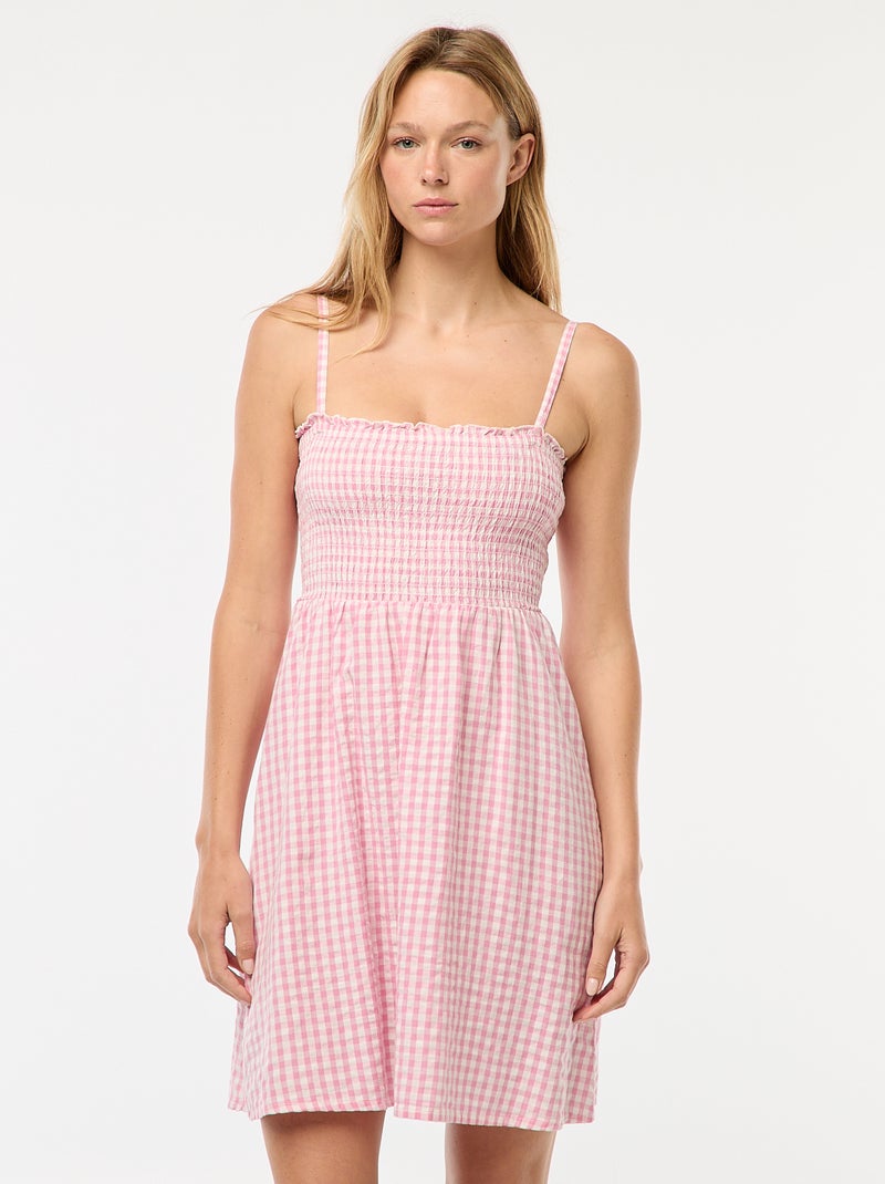 Vestido fruncido vichy de seersucker Rosa - Kiabi