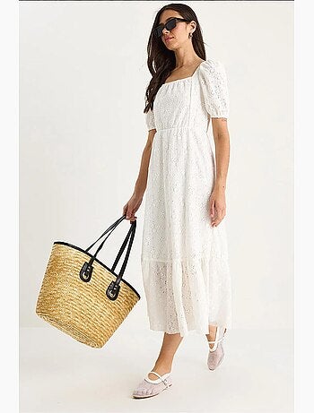 Vestido guipur midi cuello cuadrado lucci