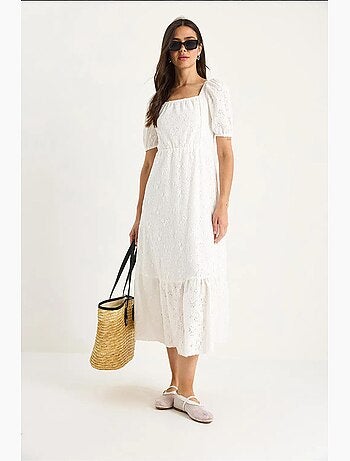 Vestido guipur midi cuello cuadrado lucci