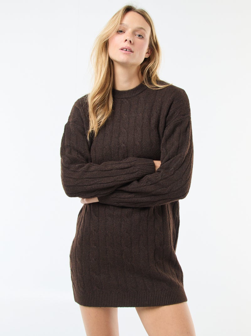 Vestido jersey corto de punto trenzado Marron Mujer