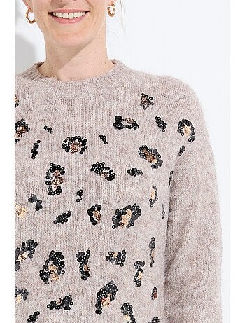 Vestido jersey de cuello redondo con lentejuelas con estampado animal - Afibel