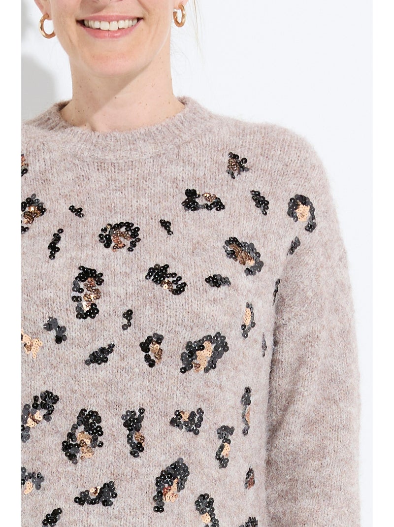 Vestido jersey de cuello redondo con lentejuelas con estampado animal - Afibel Beige/Negro - Kiabi