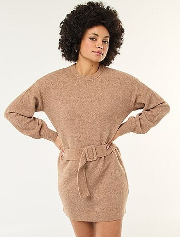 Vestido jersey de manga larga con cinturón