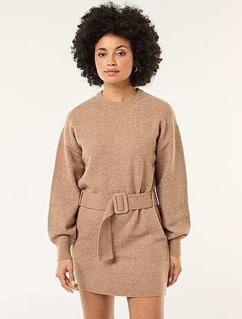 Vestido jersey de manga larga con cinturón