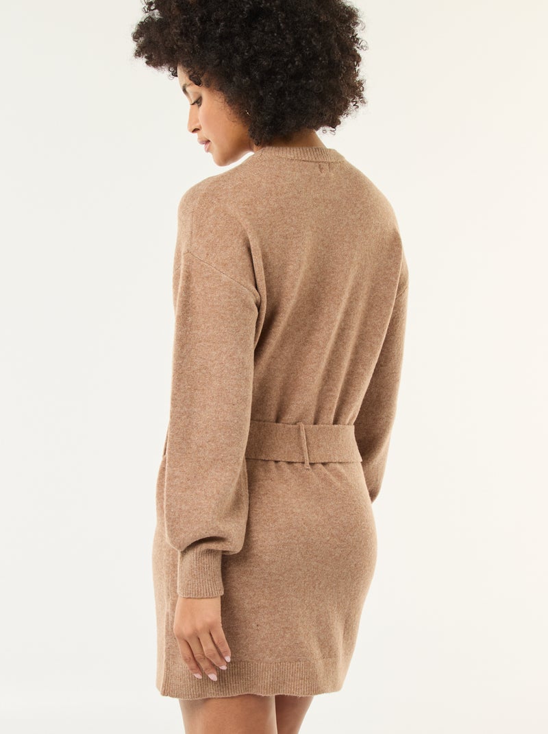 Vestido jersey de manga larga con cinturón Beige - Kiabi