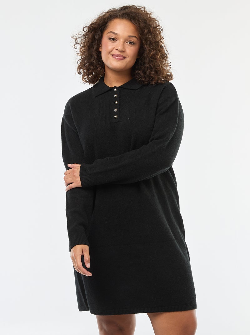 Vestido jersey de punto grueso con botones dorados en el cuello Negro - Kiabi