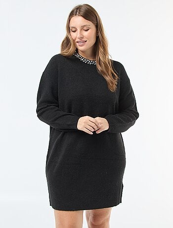 Vestido jersey de punto grueso con strass en el cuello