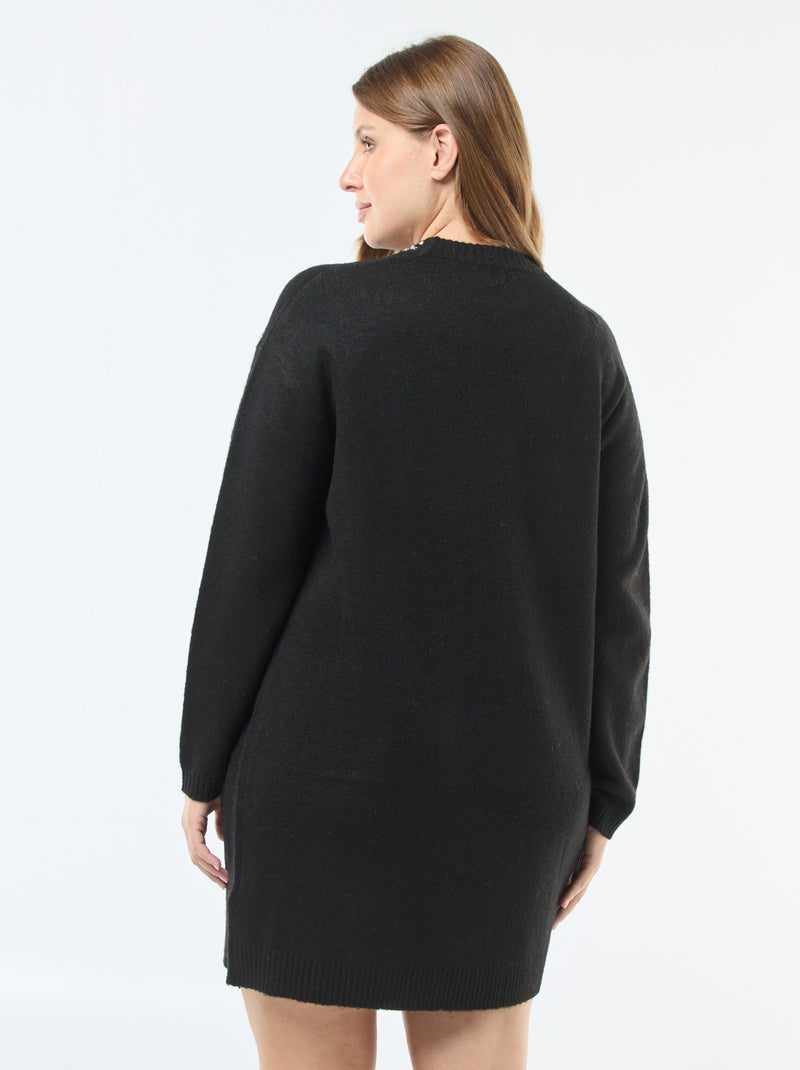 Vestido jersey de punto grueso con strass en el cuello Negro - Kiabi