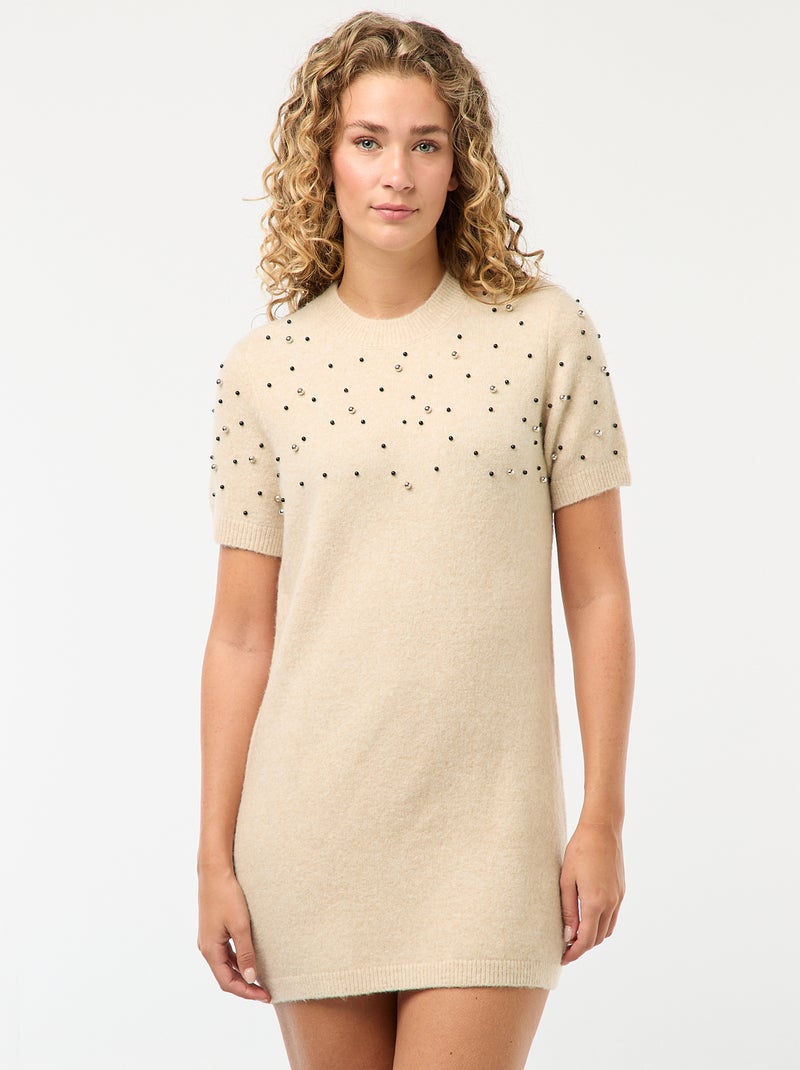 Vestido jersey de punto suave con perlas Beige - Kiabi