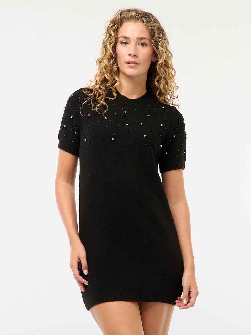 Vestido jersey de punto suave con perlas Negro - Kiabi