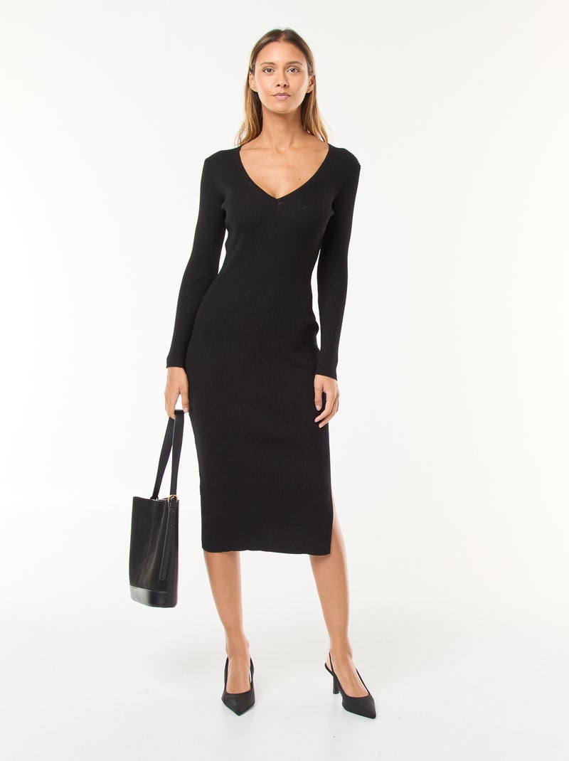 Vestido jersey largo de canalé Negro - Kiabi