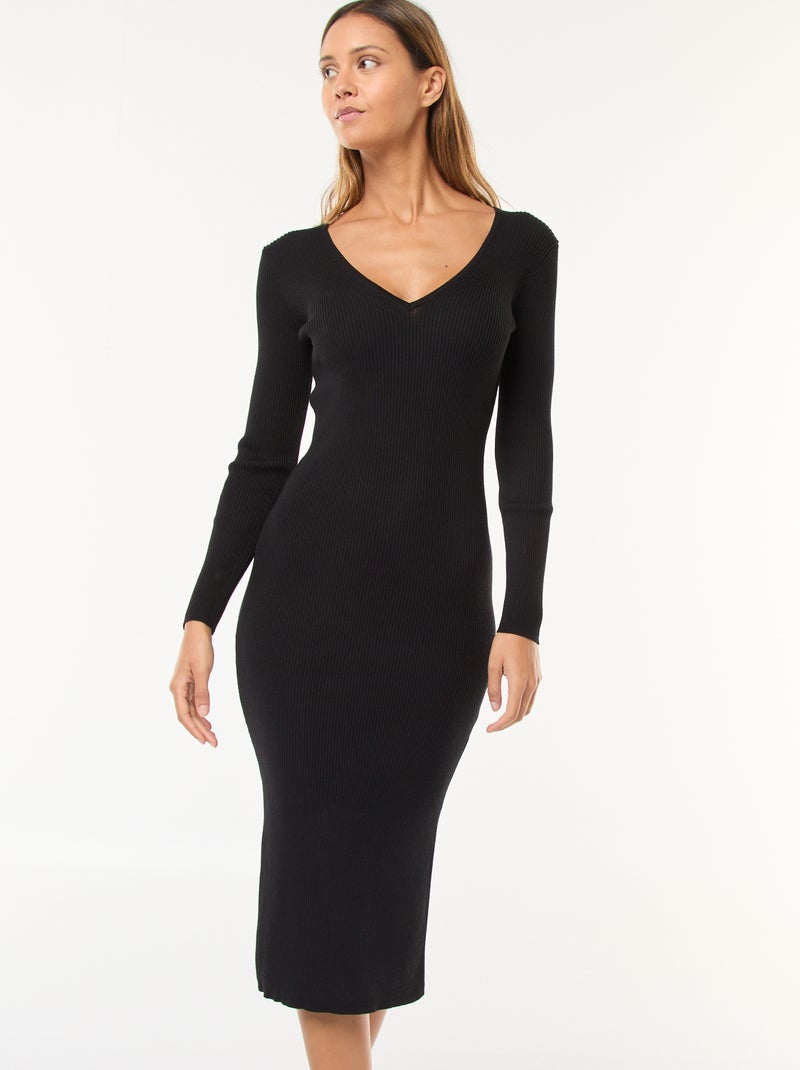 Vestido jersey largo de canalé Negro - Kiabi