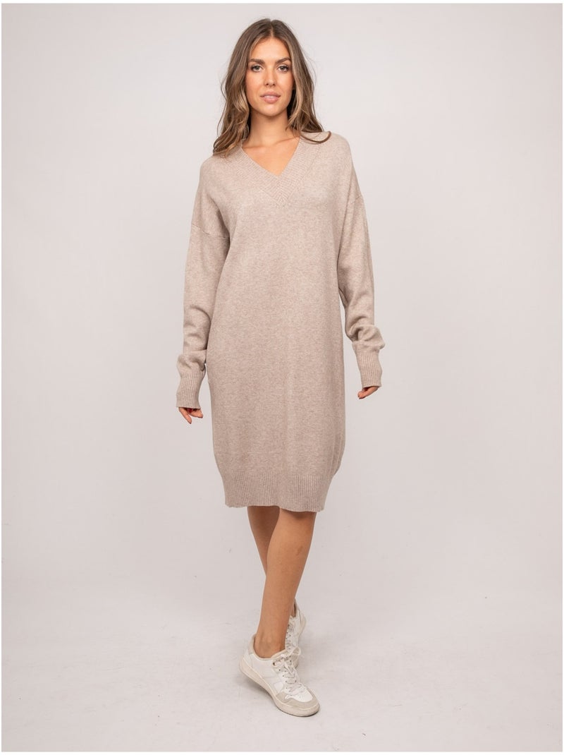 Vestido jersey largo de punto suave con cuello de pico iberna Beige - Kiabi