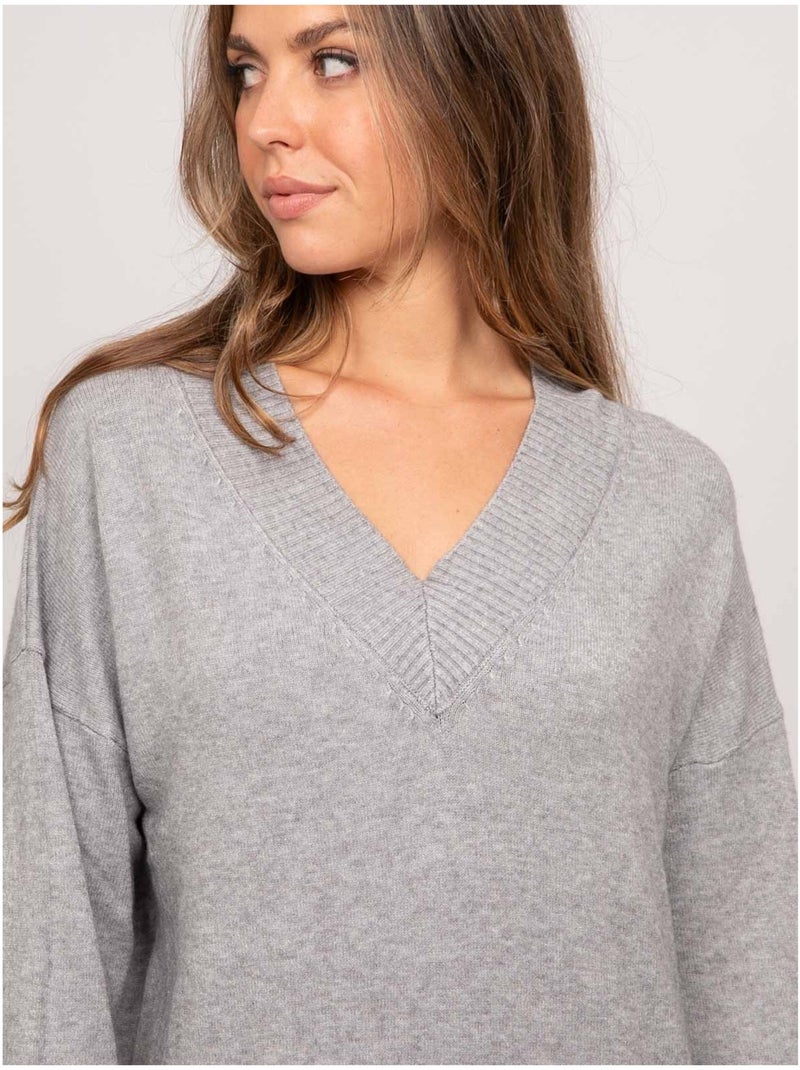 Vestido jersey largo de punto suave con cuello de pico iberna Gris - Kiabi