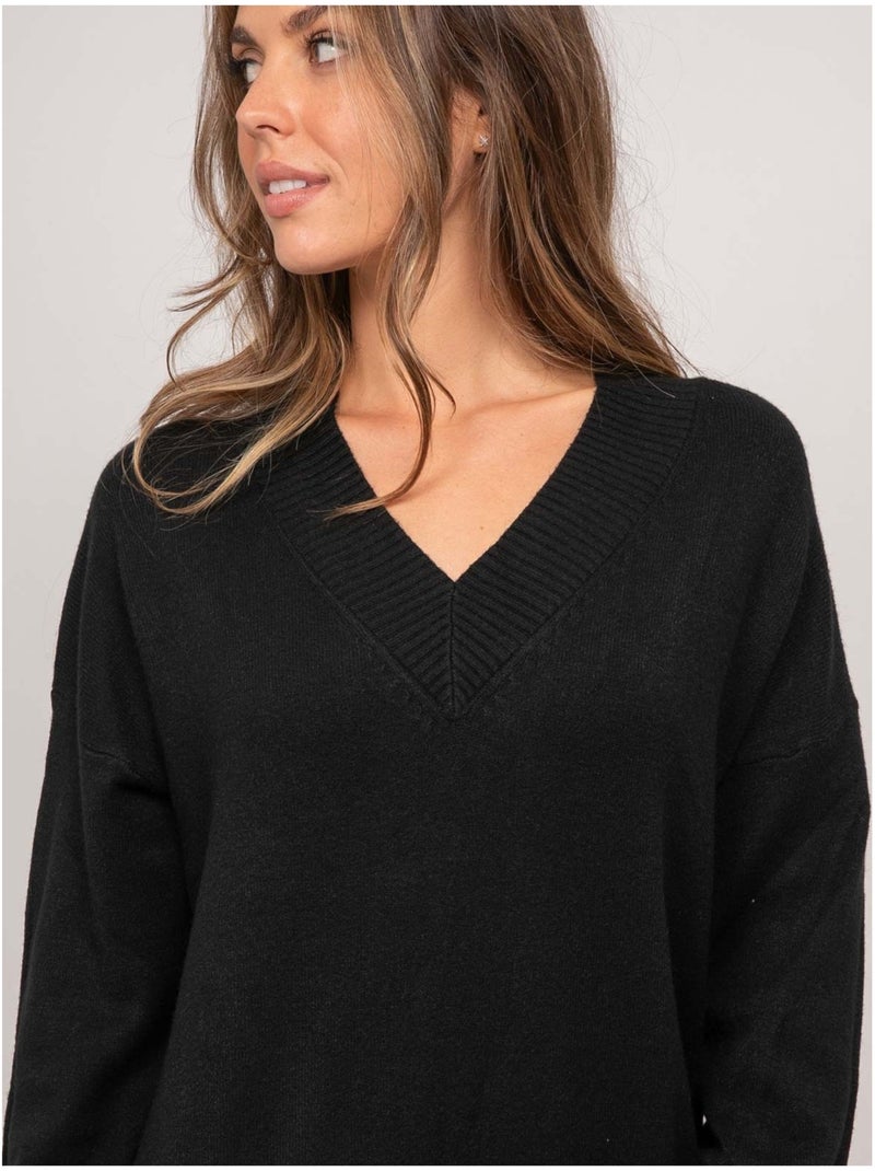 Vestido jersey largo de punto suave con cuello de pico iberna Negro - Kiabi