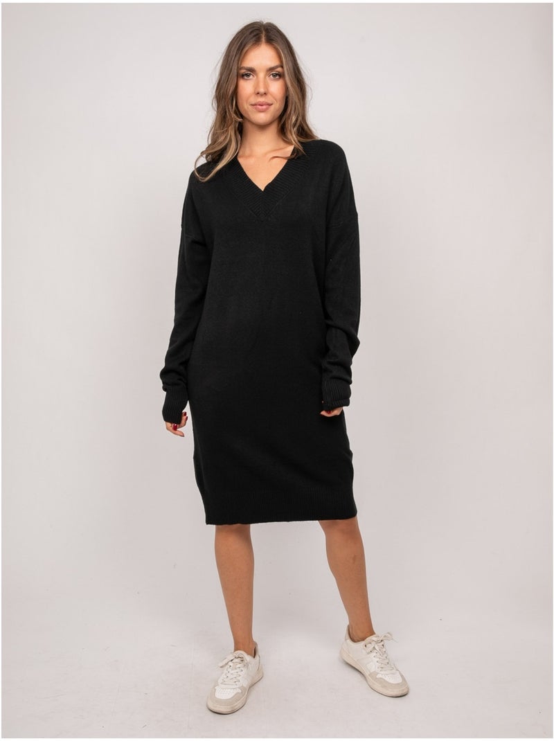 Vestido jersey largo de punto suave con cuello de pico iberna Negro - Kiabi