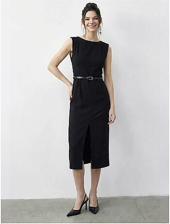 Vestido lápiz midi con cinturón y escote barco de lucci