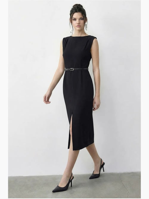 Vestido lápiz midi con cinturón y escote barco de lucci - Kiabi