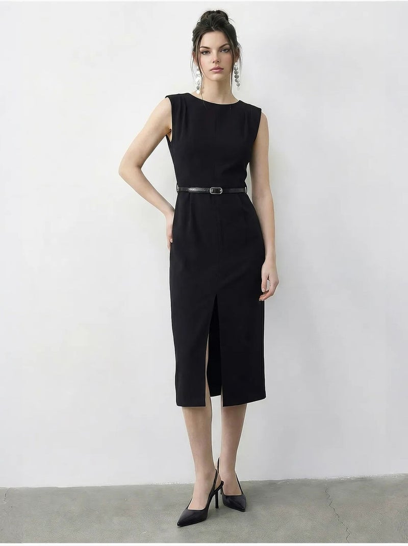 Vestido lápiz midi con cinturón y escote barco de lucci Negro - Kiabi