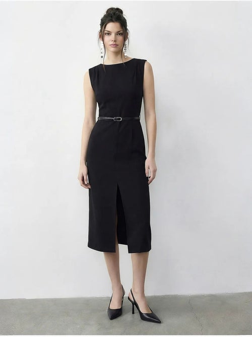 Vestido lápiz midi con cinturón y escote barco de lucci - Kiabi