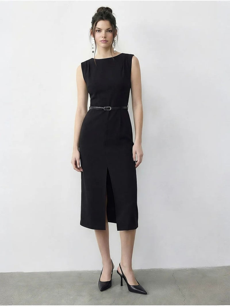 Vestido lápiz midi con cinturón y escote barco de lucci Negro - Kiabi
