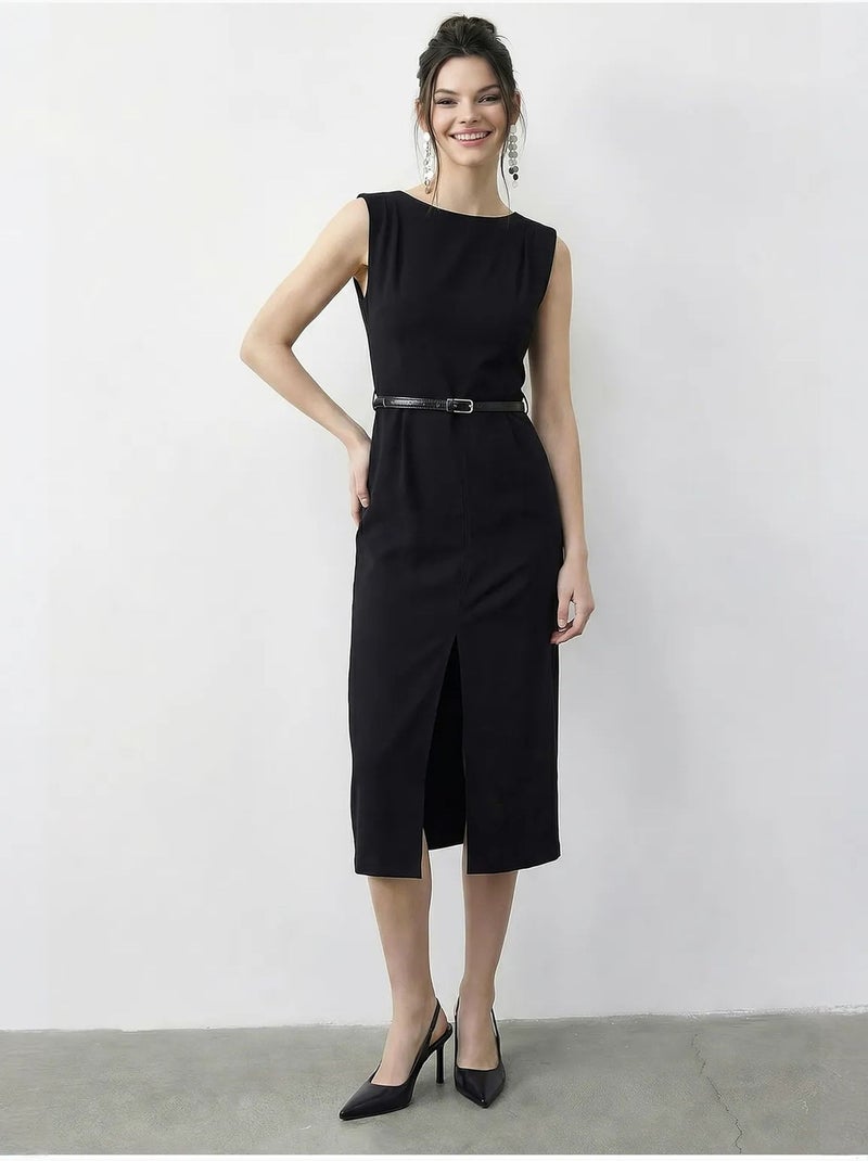 Vestido lápiz midi con cinturón y escote barco de lucci Negro - Kiabi