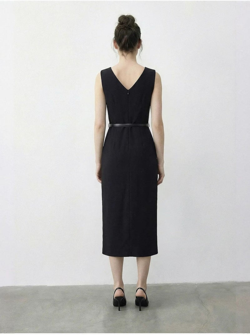 Vestido lápiz midi con cinturón y escote barco de lucci Negro - Kiabi