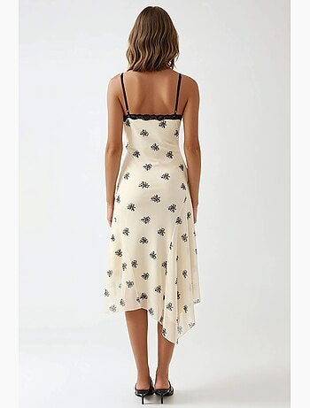 Vestido largo ajustado con cuello en v, estampado y detalle de encaje hiccup