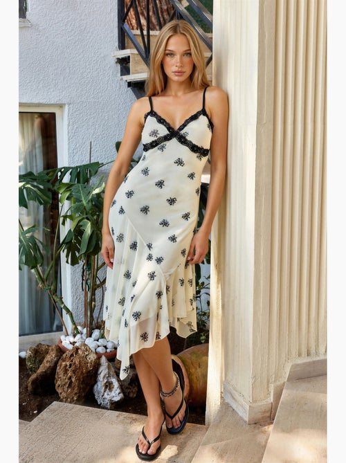 Vestido largo ajustado con cuello en v, estampado y detalle de encaje hiccup - Kiabi