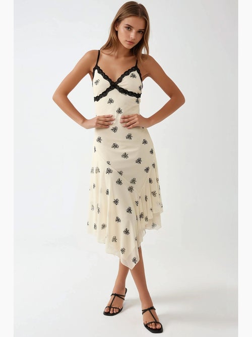 Vestido largo ajustado con cuello en v, estampado y detalle de encaje hiccup - Kiabi