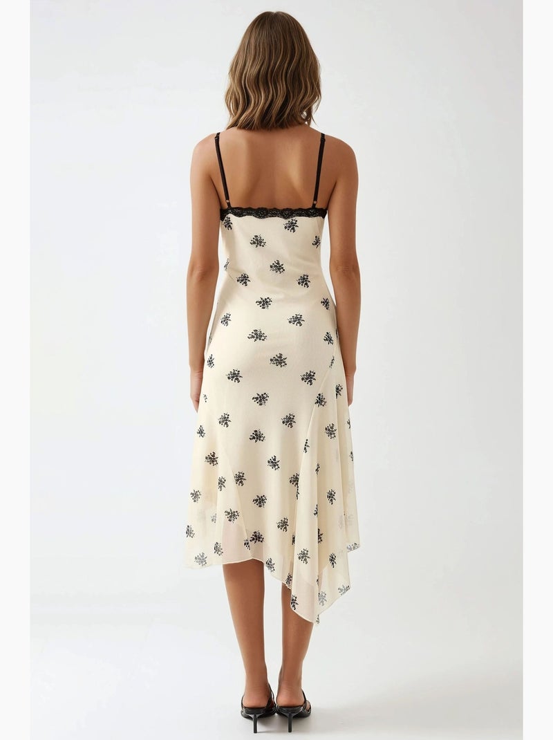 Vestido largo ajustado con cuello en v, estampado y detalle de encaje hiccup Blanco - Kiabi