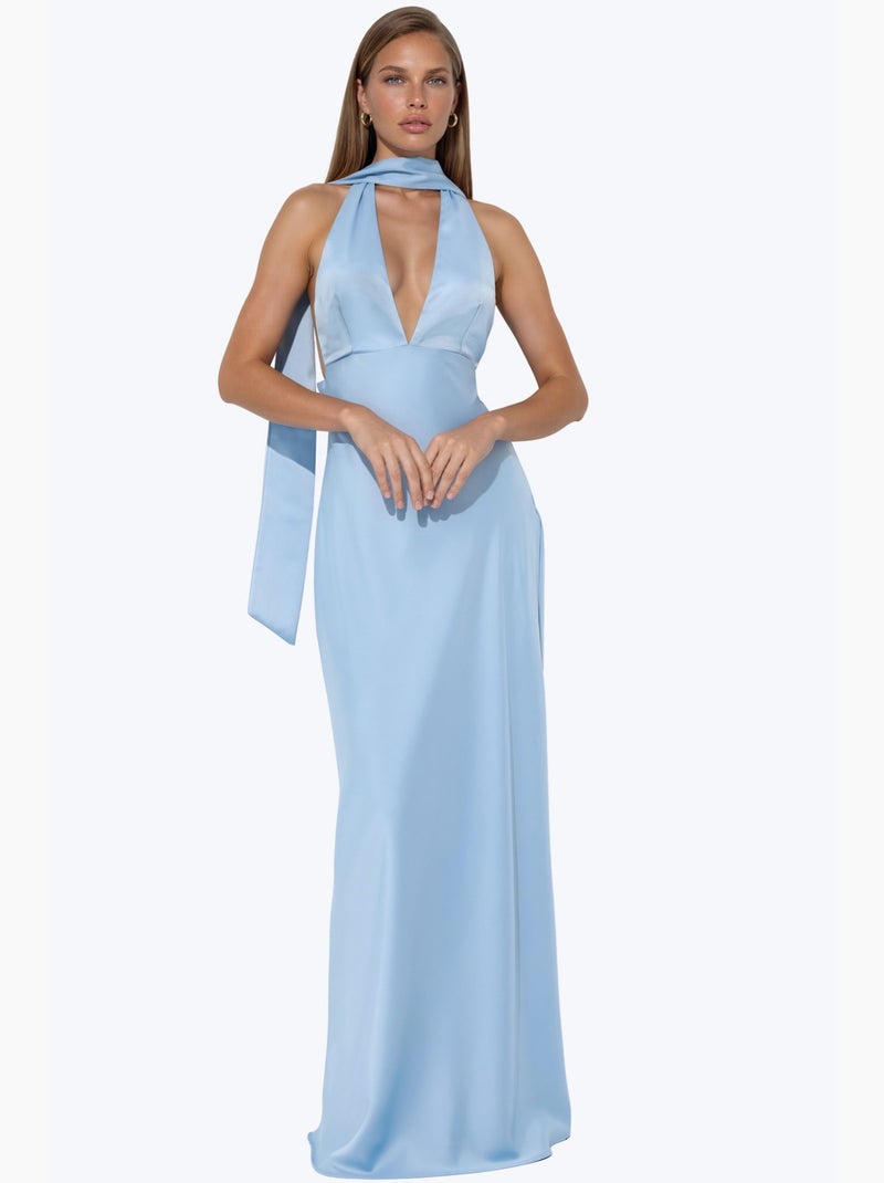Vestido largo ajustado con cuello halter hiccup Azul cielo - Kiabi