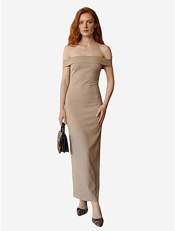 Vestido largo ajustado con hombros descubiertos y abertura de mi moda my fashion