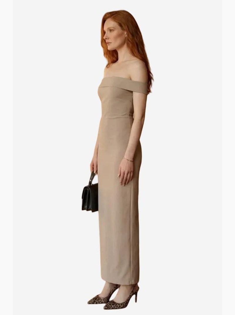 Vestido largo ajustado con hombros descubiertos y abertura de mi moda my fashion Beige arcilla - Kiabi