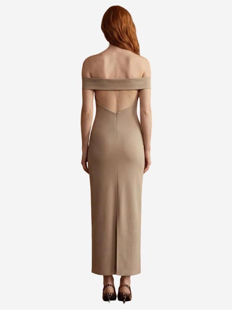 Vestido largo ajustado con hombros descubiertos y abertura de mi moda my fashion Beige arcilla - Kiabi
