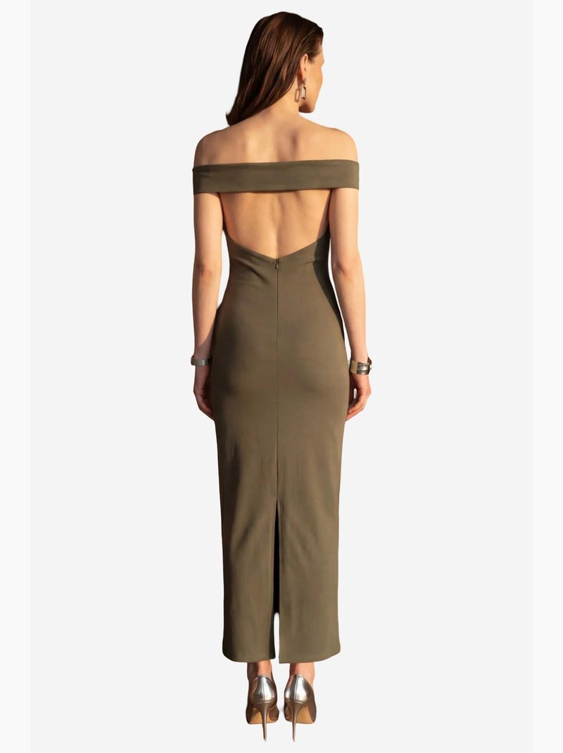 Vestido largo ajustado con hombros descubiertos y abertura de mi moda my fashion Caqui - Kiabi