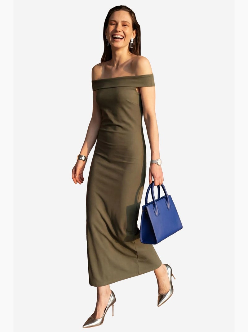 Vestido largo ajustado con hombros descubiertos y abertura de mi moda my fashion Caqui - Kiabi