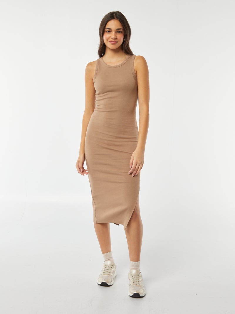 Vestido largo ajustado de punto de canalé sin mangas BEIGE - Kiabi