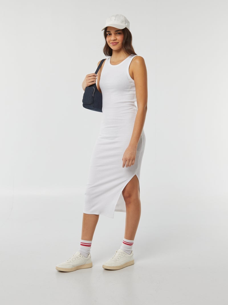 Vestido largo ajustado de punto de canalé sin mangas blanco - Kiabi