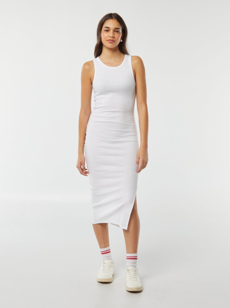 Vestido largo ajustado de punto de canalé sin mangas blanco - Kiabi