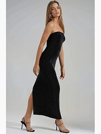 Vestido largo ajustado sin tirantes brillante busem