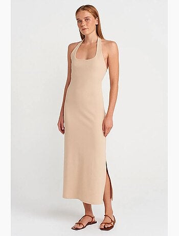 Vestido largo canalé halter con abertura dilvin