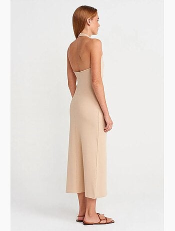 Vestido largo canalé halter con abertura dilvin